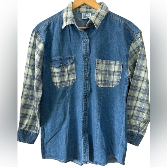 NWT Vintage Canyon River Blues Plaid Checkered Cotton Denim ButtonUp Long Sleeve - Picture 1 of 5